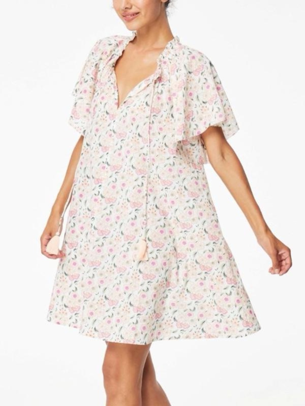 Roller Rabbit Pink and Cream Floral Tie-Neck Dress